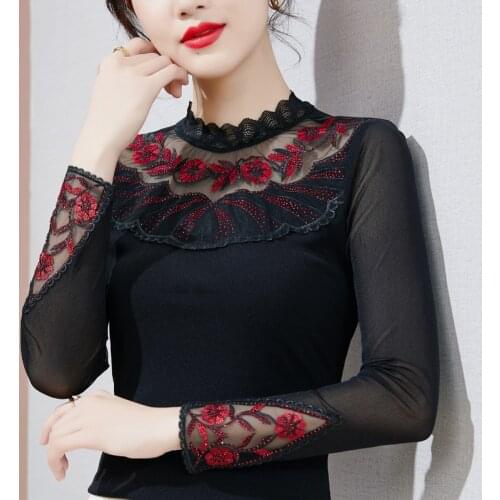2021 Autumn Winter Long Sleeve Womens T-Shirt Fashion Sexy Hollow Out Lace Mesh Tops M-4XL Plus Size Women Clothing