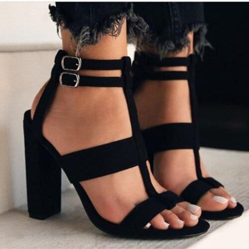 Women sandals Flock Buckle Strap 11.5CM Square heel High heels Round Toe Shallow sandal for women shoes size 35-42 black
