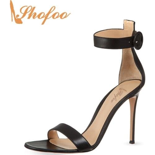 Shofoo Black Brown Sandals Buckle Strap Open Toe Thin High Heel Ankle-Wrap Heels Free Shipping Summer Sexy Shoes for Women 2021