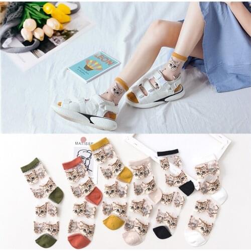 3 Pairs Womens Summer Transparent Mesh Socks Cartoon Cute Fashion Cat Sock Cotton Glass Filament Thin Breathable Female Socks