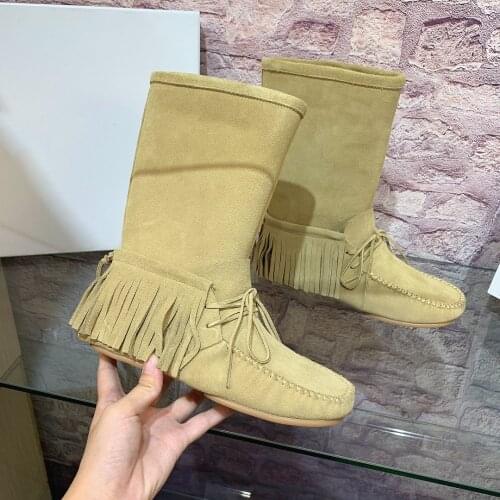 2021 Women Mid-calf Low Heel Motorcycle Boots Fringe Slip On Gesigner Shoes Spring Autumn Women Martin Boots Zapatillas Mujer