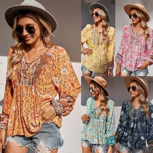 Fashion Sexy V-neck Long Sleeve Womens New Spring And Summer 2021 Rope Romantic Holiday Print Casual Top