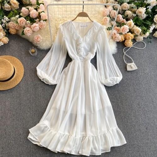 Spring French Retro Vestidos Female V-neck Puff Sleeves Lotus Leaf Slim Slimming Lady Temperament Fashion Midi Dress C584