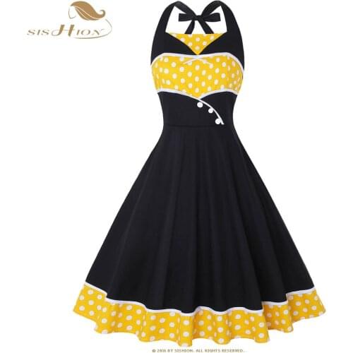 SISHION Women Vintage Dress Summer Halter Sexy Patchwork Polka Dot Black Red Yellow Blue Green Plus Size Retro Dress VD0998