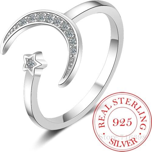 100% 925 Solid Real Sterling Silver Fine Jewelry Moon Star CZ Cocktail Opening Ring Sizable For Women Girl Gift