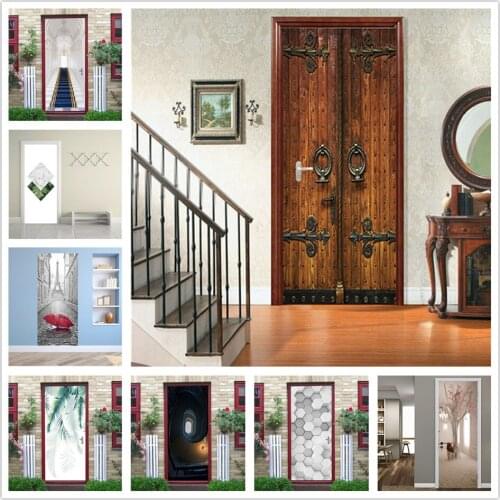 2pcs/set Retro Wood Door Decals Self Adhesive Wallpaper for Doors Living Room Bedroom Waterproof Poster Home Design deursticker