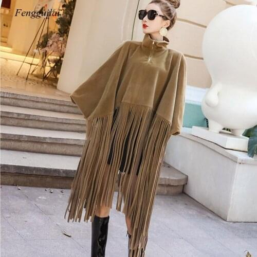 2020 New Spring Autumn Black Jacket Women Loose Tassels Turtleneck Long Sleeve Women Cape Coat Women Fashion Plus Size Ponchos