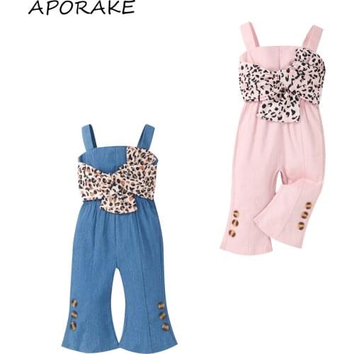 2021 0-3Y Fashion Kids Baby Girl Jumpsuit Leoard Print Big Bow-Knot Patch Sleeveless Button Tunic Romper Flare Pants Summer New