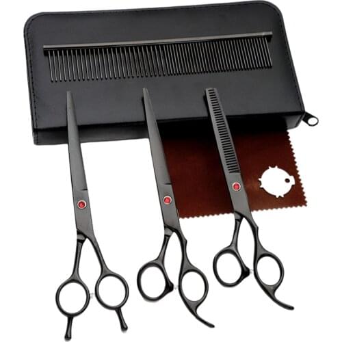 7 Inch Electroplate Black Comb Double Curved Thinning Cutting Dog Grooming Set