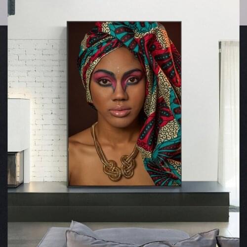 African Woman Indian Headband Portrait Canvas Painting Cuadros Posters and Prints Wall Art Picture for Living Room Decor