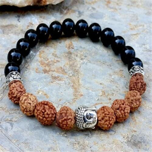 8mm Natural Black Onyx & Rudraksha Handmade Mala Bracelet Meditation Lucky Healing Chakas Spirituality Cuff Buddhism