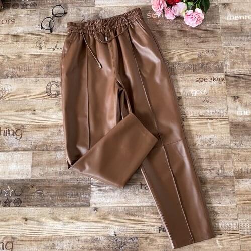 Europe Style Women High Quality Genuine leather Ninth pants Hot fashion Sheepskin Real leather Straight pant C665