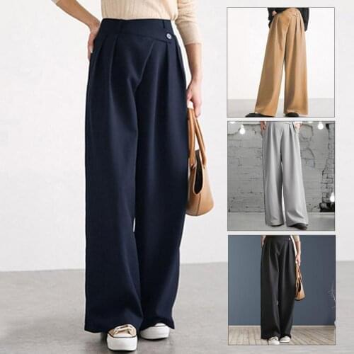 Irregular Waistband Wide leg pants women Spring trousers Solid high waist loose women pants casual outwear Female straight pants
