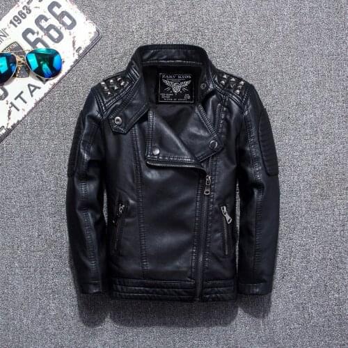 Boys Black Pu Leather Zipper Jackets Kids Winter Leather Jacket Spring Autumn Coat Children Clothes Overcoats 3-14T Cool Tops