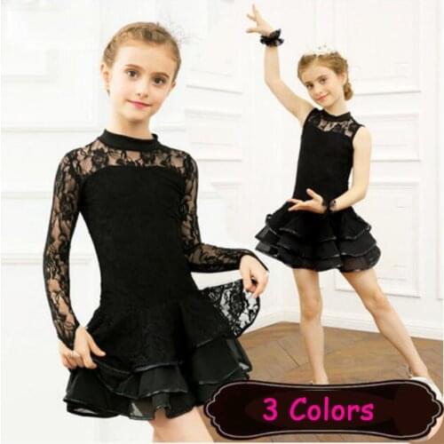 Lace Sequin Kids Newest Sexy Ballroom Dresses Tango Salsa Latin Dance Dress Children Red Black Lace Dress For Girls Long Sleeve