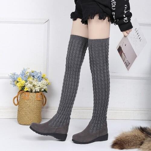Elastico Knitting Wool Long Boots for Women New Fashion Thigh High Boots Woman Wedge Over The Knee Boots Bottes Femme Automne