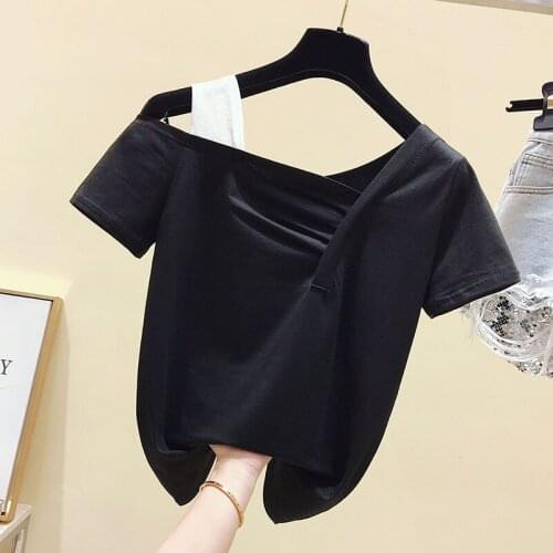 Summer Short Sleeve T-shirts Women Casual Off Shoulder Folds Tees Tops Female Basic Black Purple Solid Tshirts Ladies 2021