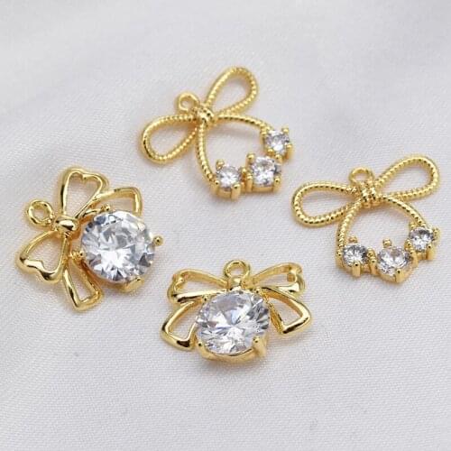 Copper 18K Gold Pendant Zircon Bowknot Pendant Charms 6pcs/lot For DIY Fashion Jewelry Making Finding Accessories