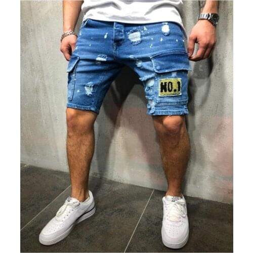 Summer Men Stretchy Ripped Skinny Biker Embroidery Multi-Pocket Jeans Destroyed Slim Fit Denim shorts Mens Cargo Shorts