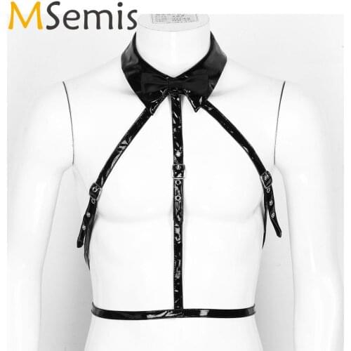 MSemis Men Wet Look Patent Leather Gothic Lingerie Halter Neck Body Chest Strap Tuxedo Bondage Harness Belt Cosplay Club Costume