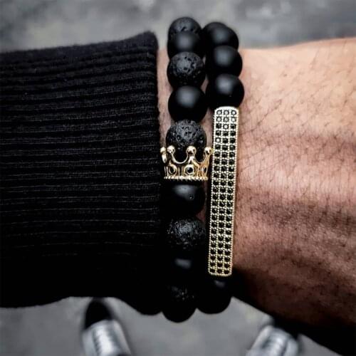 Trendy Natural Matte Lava Beads Men Bracelet Sets Jewelry Charm Golden CZ Crown Bracelet For Women Bangles Pulseira Masculina