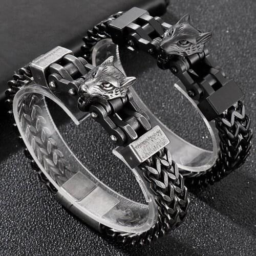 Stainless Steel Mens Bracelets With Wolf Heads 12MM Double Layer Franco Link Curb Chain Bracelet Men Punk Jewelry With Gift Bag