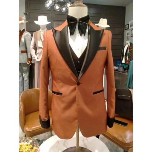 2021 Latest design fashion Orange wedding suits for men slim fit pointed lapel bridegroom Long suit man Blazer Jacket+pant+vest