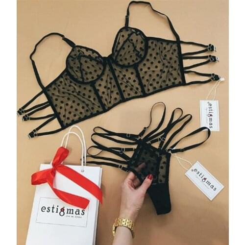 New Womens Bra Brief Set Lingerie Sexy Underwear Set Breathable Bralette With Sexi Underpants Polka Dot Sheer Mesh Lingerie Set