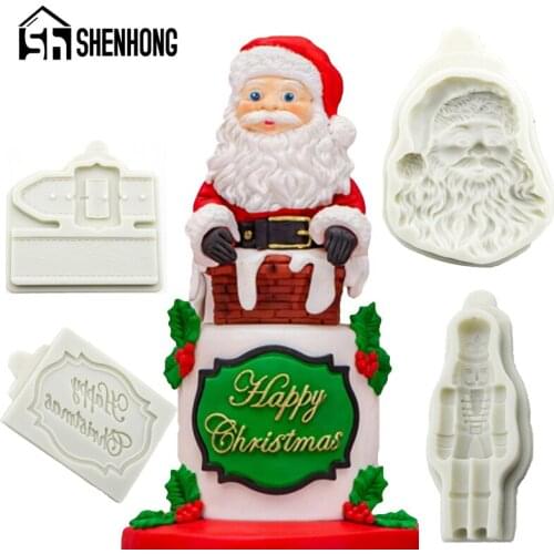 SHENHONG Silicone Fondant Cake Mold Santa Claus Alphabet Strap Christmas Pattern Biscuits Sugar Craft Chocolate Decorate Mould