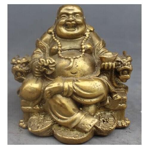 [old craft ] 8CM Chinese Brass Wealth Yuanbao Money Bag Happy Laugh Maitreya Buddha Statue