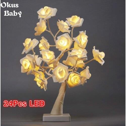 New 24pcs LED White Pink Rose Flower Bedside Bedroom Night Light Table Lamp Home Decor Simulation Tree Christmas Wedding Party