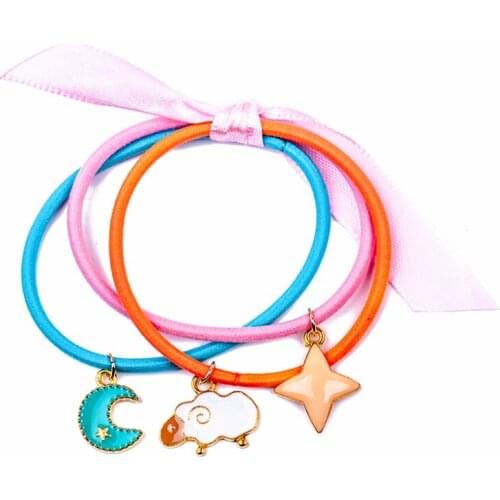 Triple Candy Colors Elastic Hair Bands 3 Cute Cartoon Pendant Silky Ribbon Bow Knot Ponytail Holder Hairwear Kids Women