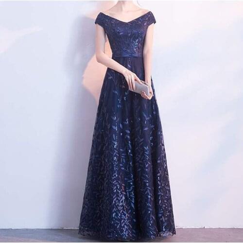 Elegant V-Neck Evening Dresses Navy Blue Long Prom Dresses Lace-up with Zipper Back Prom Dresses Accept Custom Made
