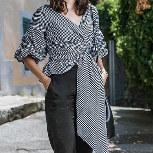 White Office Lady Elegant Lantern Sleeve Surplice Peplum Off The Shoulder Plaid Blouse Autumn Sexy Women Tops And Blouses