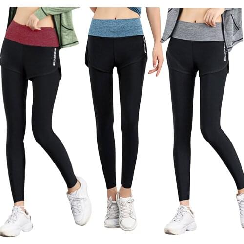 Women High Waiste Yoga Pants Fake Two Pieces Seamless Leggings High Elastic For Fitness Running Exercise Tights Running Trousers