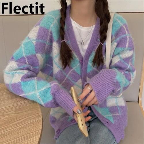 Flectit Women Cardigan Jacket Pastel Purpl Argyle Cozy Oversized Knit Sweater Button Up V-Neck Knitwear School Girl Preppy Style