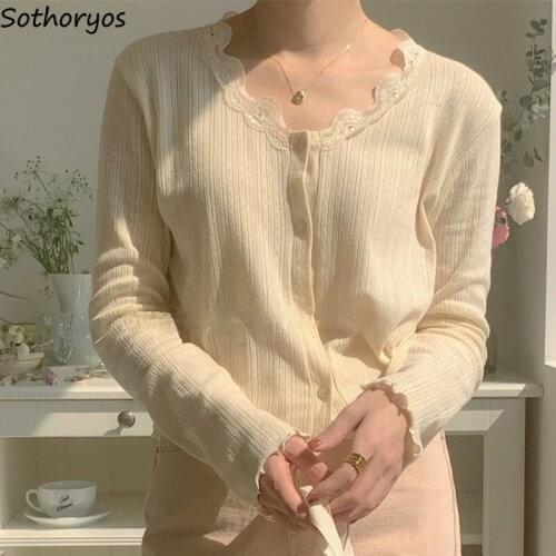 Women Solid Cardigan Gentle Lace Single Breasted Soft Slender Knitwear Sun-proof Crop Top Teenagers Leisure Females Sweaters New