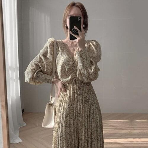 Korean Chic Floral Puff Sleeve Long Dress High Waist Vintage Elbise Ladies V-neck Drawstring Chiffon Ropa Mujer Elegant