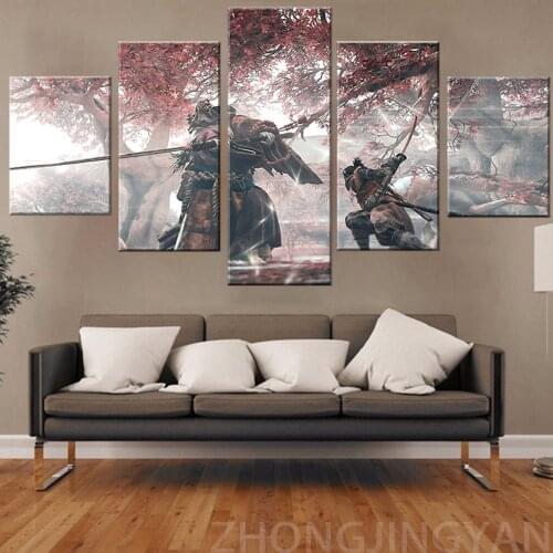 5 Piece HD Fantasy Art Ninja Wolf Picture SEKIRO Shadows Die Twice Game Scene Poster Canvas Paintings Wall Art for Bedroom Decor
