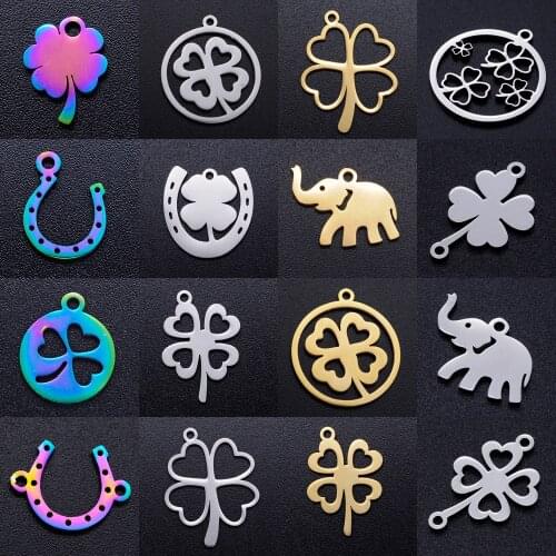 5pcs/lot diy four clover stainless steel charm pendant wholesale horseshoe elephant lucky jewelry bracelet connector charms
