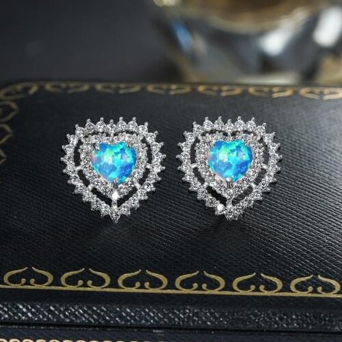 White Blue Fire Opal Cute Heart Stone Stud Earrings For Women Wedding Jewelry Charm Multicolor Birthstone Earrings Bridal Gifts