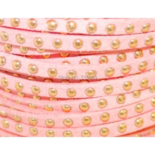 Free Ship 100 Meters Pink 5 x1.5mm w/ Gold Rivet Accents Microfiber Flat Faux Suede LeatherLace Cord For DIYJewelry