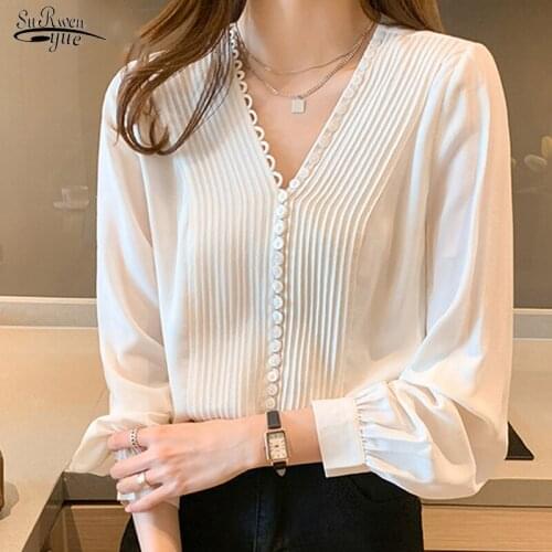 Autumn Gentle Silk Long Sleeve Blouse Clothes Elegant Women Blouses Pleated Fashion Noble V-neck Button Shirt Blusas Mujer 16106