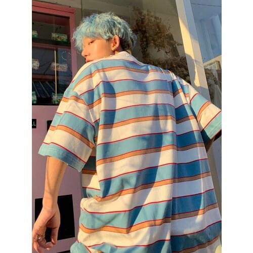 Striped Contrast Short Sleeve T-Shirt Mens Trendy Summer Street Hip Hop Loose Retro Couple Tops Personality