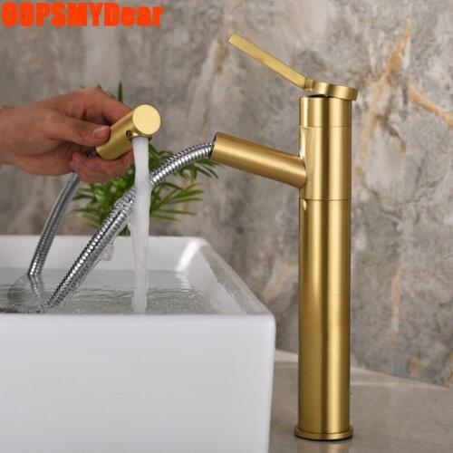 Flexible Pull Out Faucet Bathroom Hot Cold Mixer Tap Basin Sink Deck Mount Kraan One Hole Single Handle Gold Grifo Copper Faucet