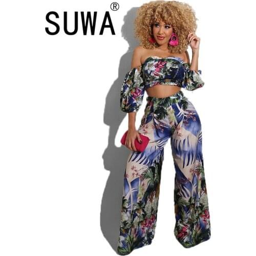 Hot Recommend Style Vintage Printed Sexy Women Two Piece Sets Slash Collar Crop Top Tunic Wide Leg Pants Boho Fashion Outfits