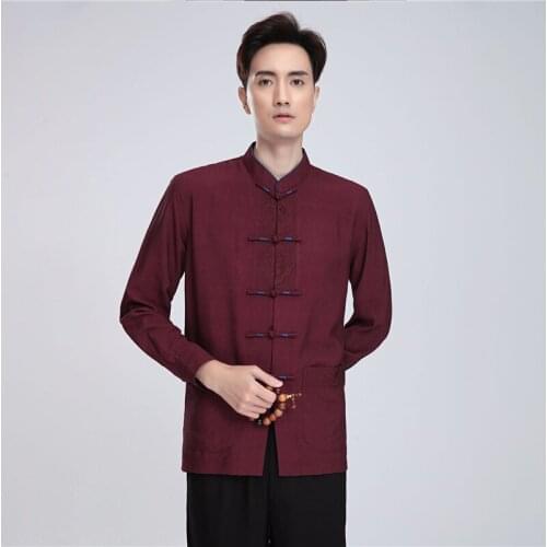 Chinese style Tai Chi suit Tang suit mens long-sleeve shirt casual shirts solid color high quality retro handmade button ropa