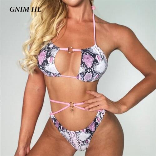 GNIM Bandage Bikini Swimwear Women 2020 Sexy Snake Print Swimsuit Female Two Pieces Backless Swim Bathing Suit Biquini Set New