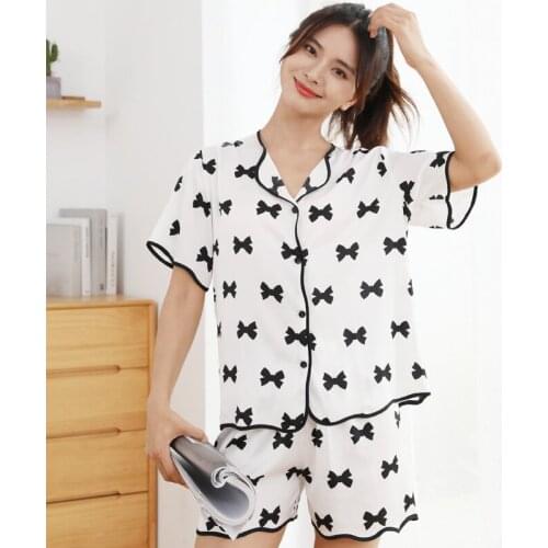 Summer Satin 2PCS Pajamas Suit Casual Print Sleepwear Set Intimate Lingerie Women Home Clothing Short Sleeve Nightwear