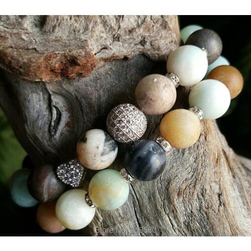 Matte Amazonite Beads Pave CZ Ball and Heart Stretch Bracelet Set of 2 SE21563